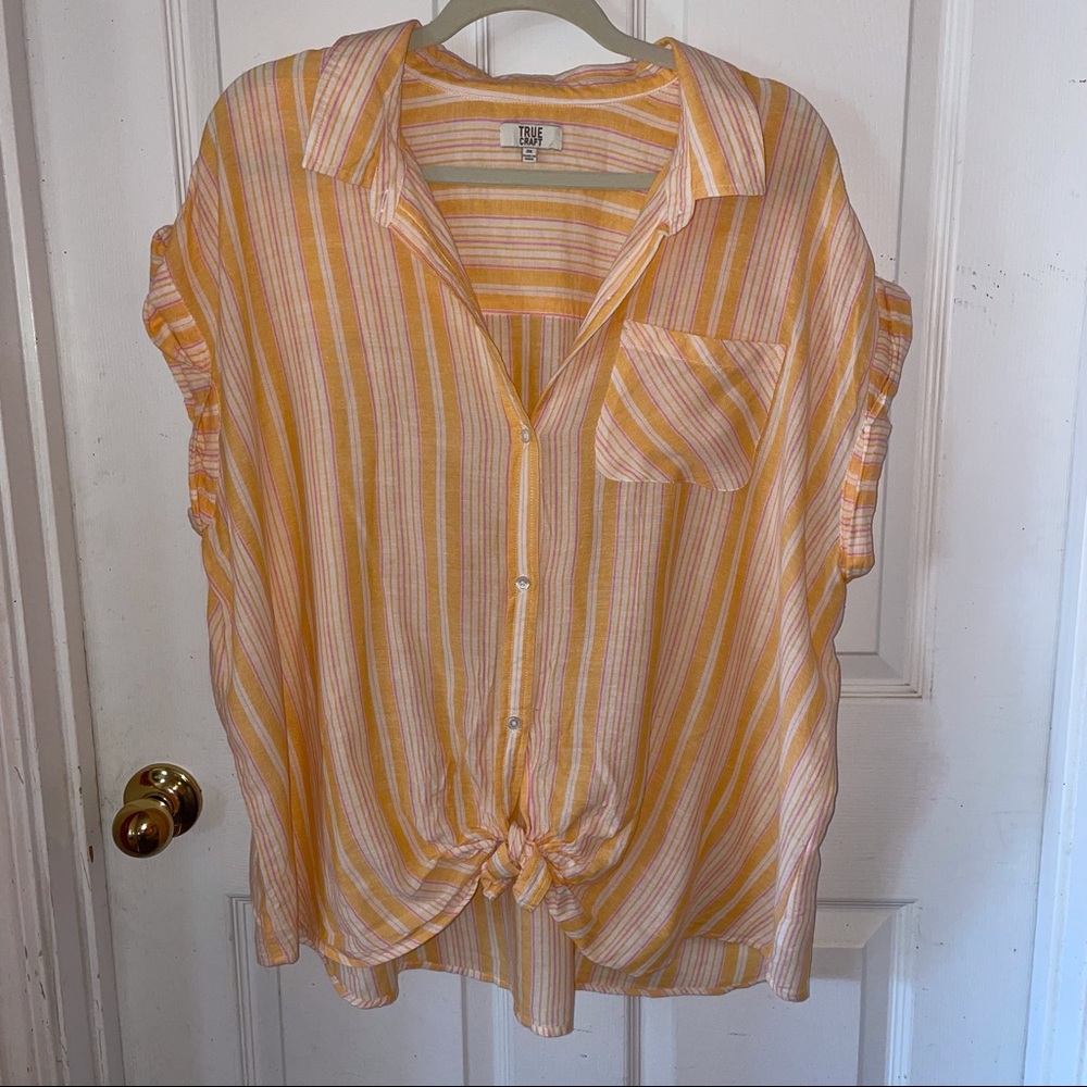 True Craft orange striped button down with tie front